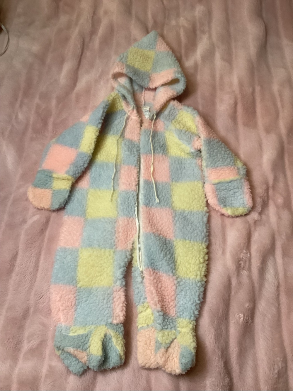 Vintage Pastel Checker Hooded Fleece Snowsuit Bunting for Baby